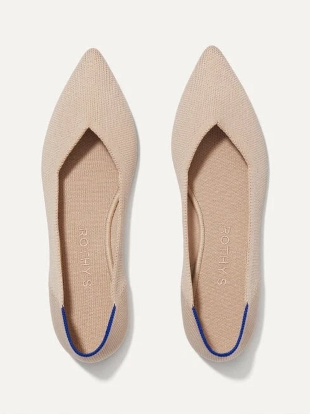 Rothy's Pointed Toe Knit Flats in Light Beige with Blue Trim